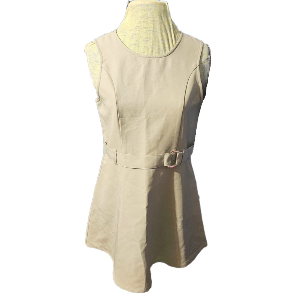 Tan Sleeveless Crew Neck A-Line Mini Dress